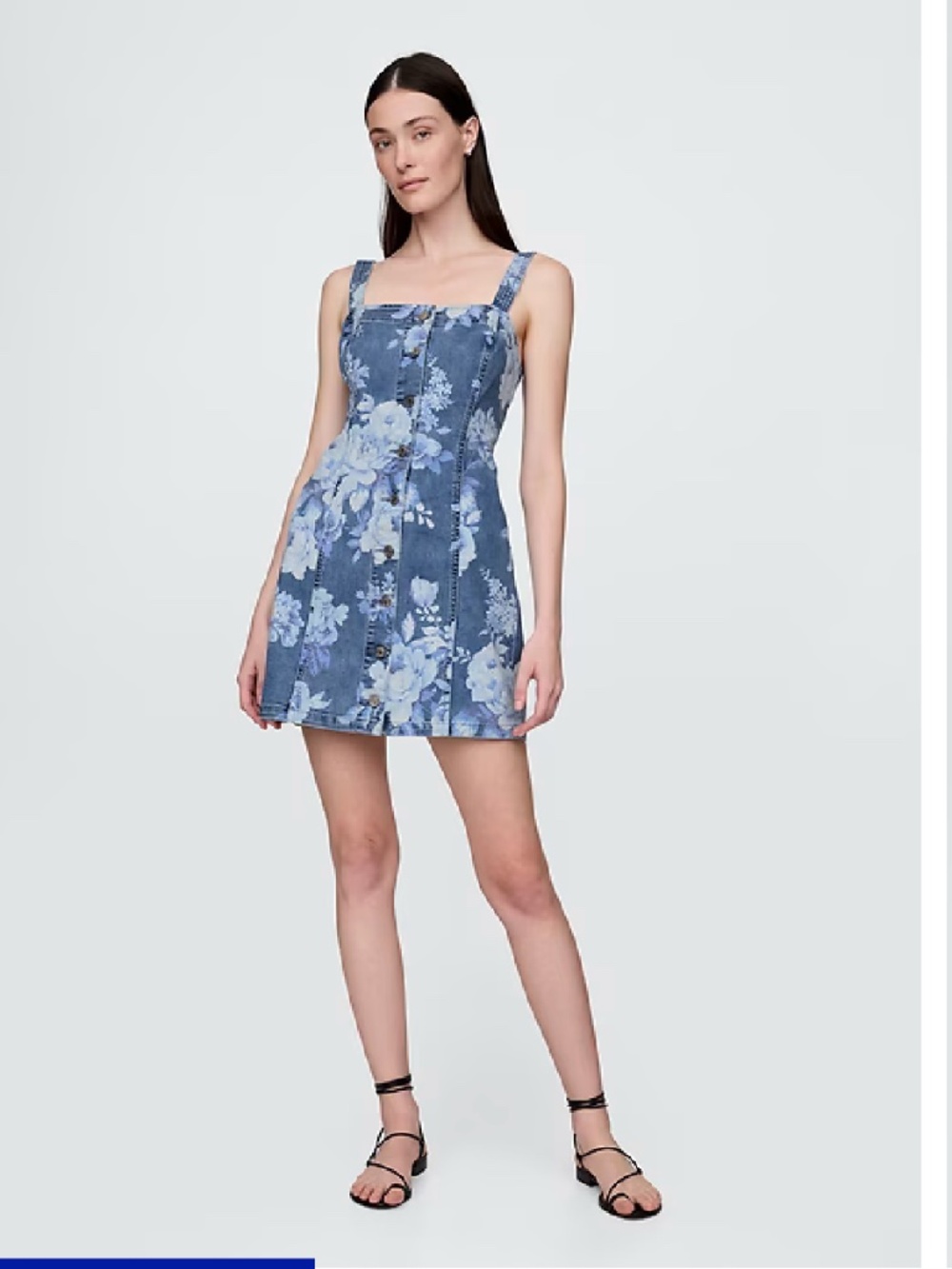 GAP Blue Floral Denim Mini Dress Adjustable Straps Button Front Size L Petite